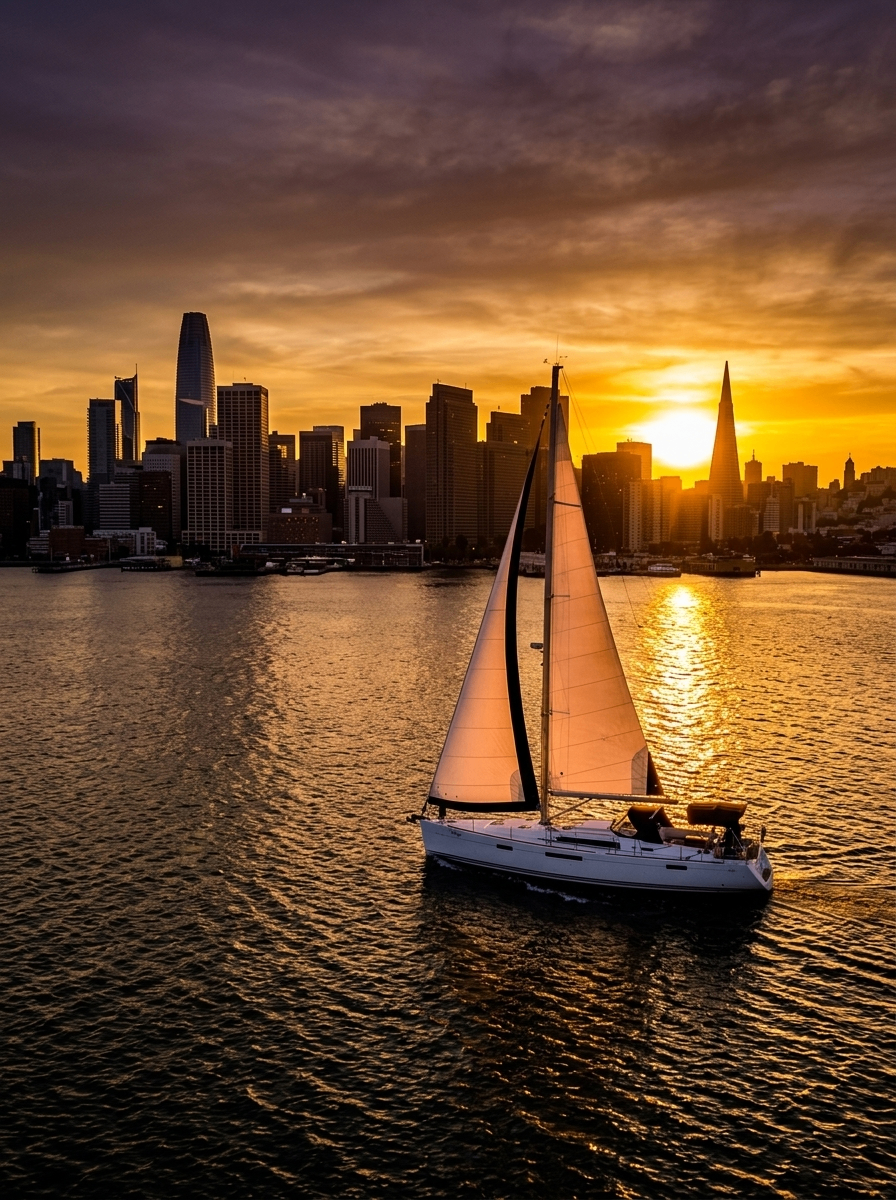 Sailboat crossing the bay at sunset with the city skyline silhouetted behind it